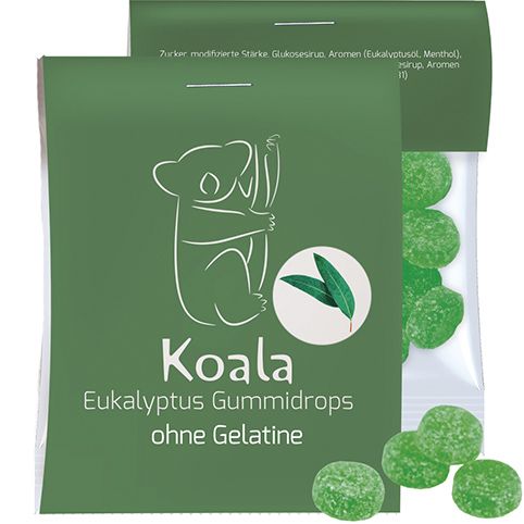 Eukalyptus Menthol Fruchtgummi ohne Gelatine, ca. 15g, Express Midi-Tüte mit Werbereiter