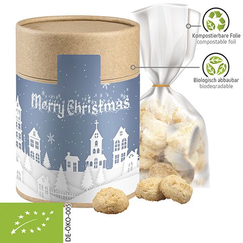 Weihnachts Kokos Kekse, ca. 100g, kompostierbarer Beutel in biologisch abbaubare Eco Pappdose Maxi